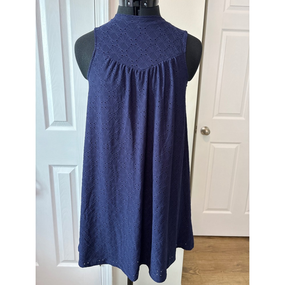 WallFlower Women Navy Blue Eyelet Sleeveless High Neck Shift Dress Preppy Size S